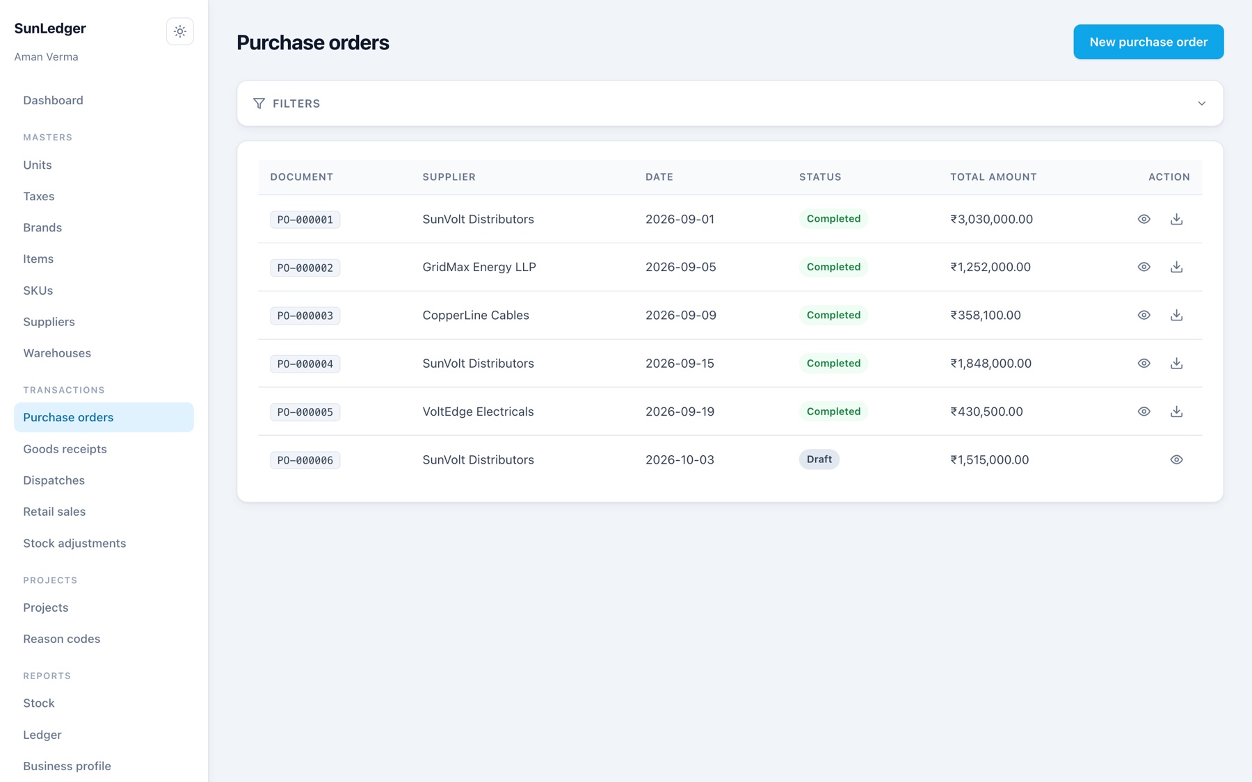 Purchase orders list with document numbers, suppliers, dates and status
