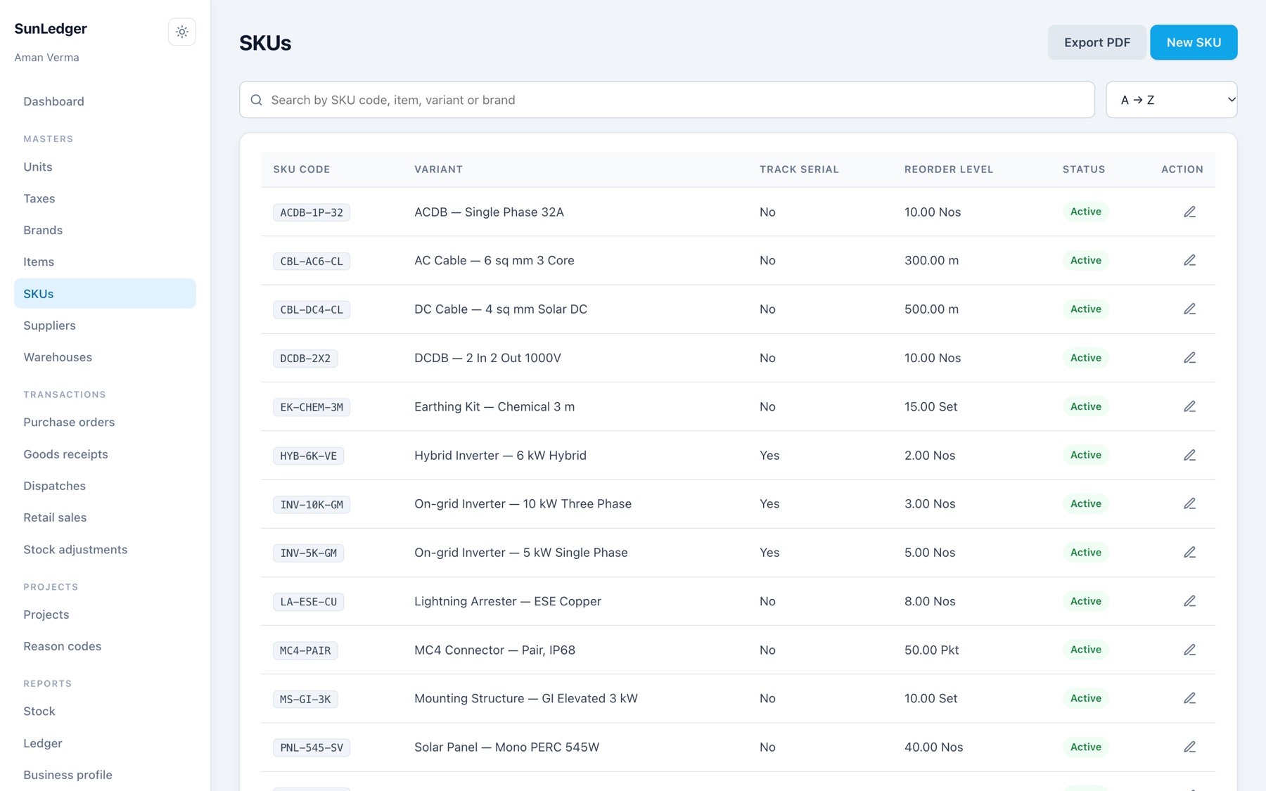 SKU catalogue with search, sort and PDF export