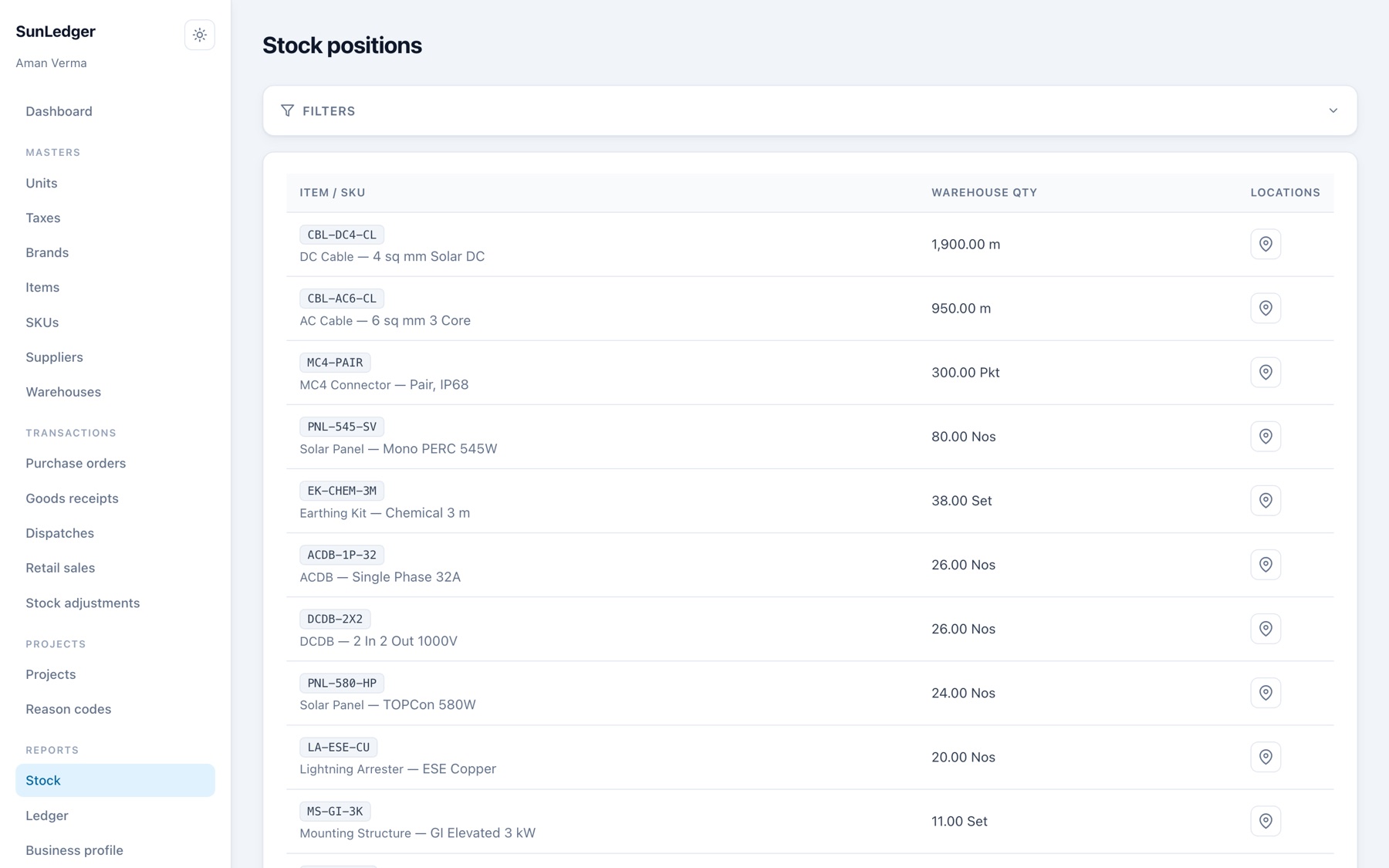 Stock positions list showing SKUs with warehouse quantities